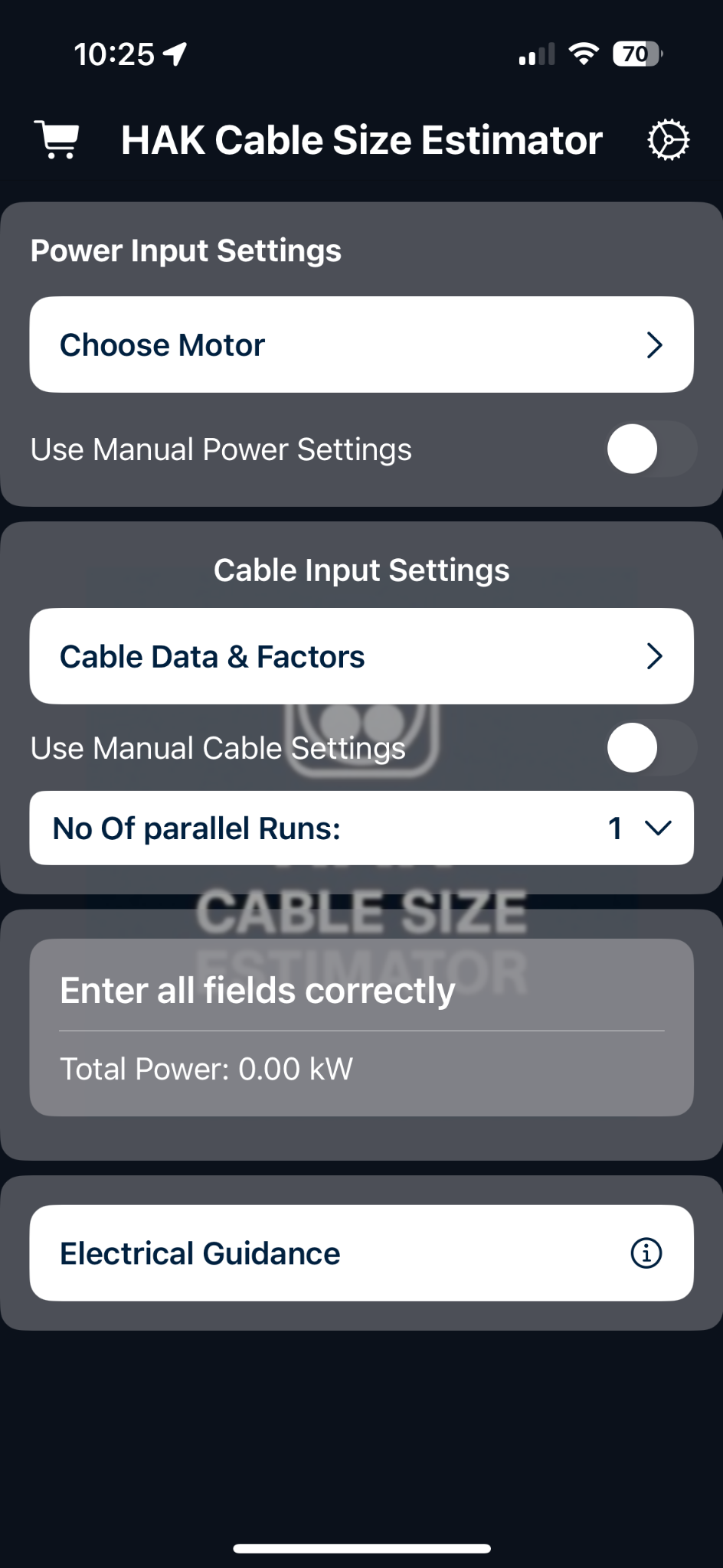 App: Home showing power and cable input settings